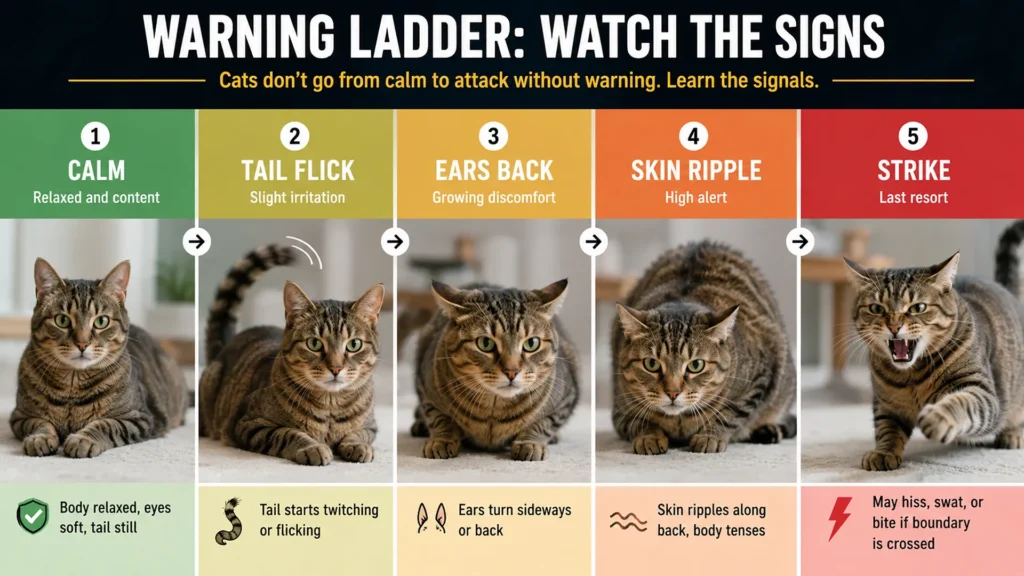The 5 Warning Signs Before a Cat Bites Five-stage illustration showing how a cat's body language escalates from calm to biting