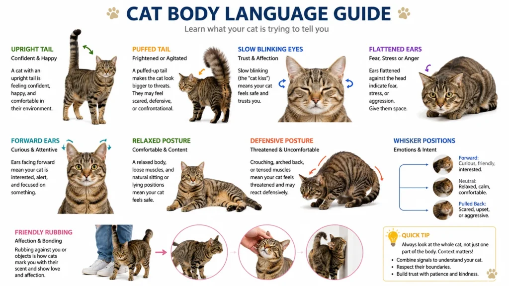 Educational infographic showing cat tail positions, ear movements, eye expressions, posture, and body language signals.