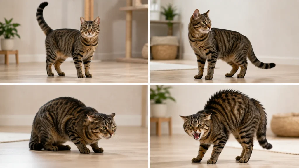 Collage showing a cat progressing from relaxed to alert, anxious, and finally hissing with defensive body language.