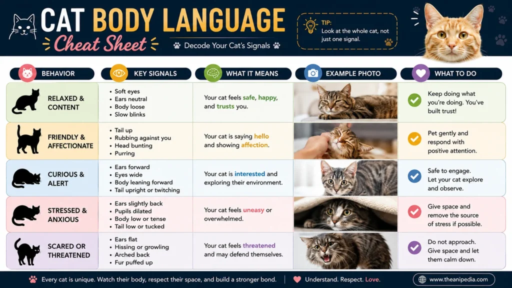 Cat Body Language Cheat Sheet (Free Reference Guide) Cat body language cheat sheet infographic showing common behaviors, signals, and their meanings