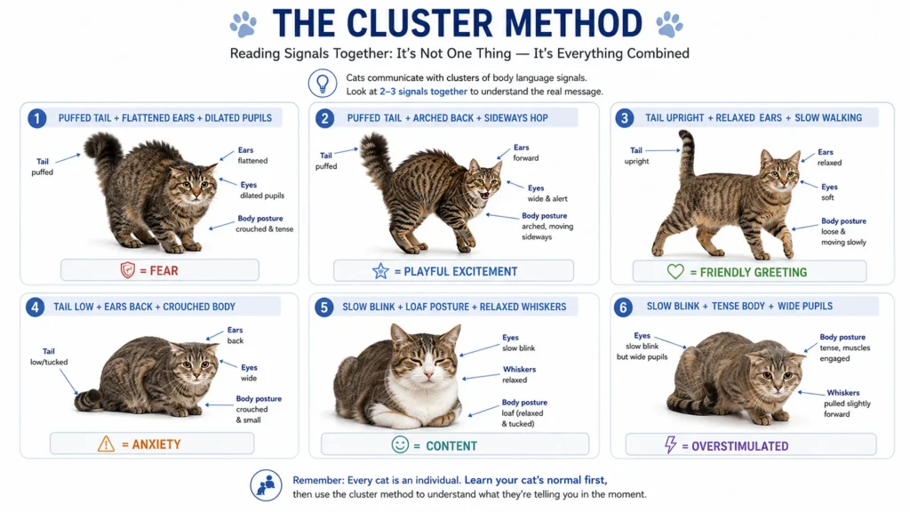 Comparison chart showing six cat body language signal combinations including tail, ears, eyes, and posture to explain different feline emotions.