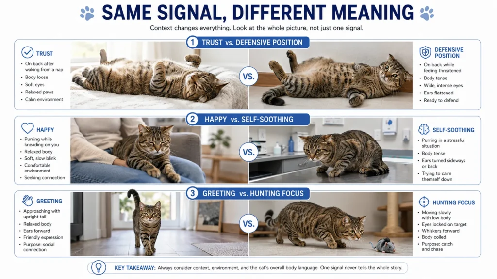 Side-by-side comparison showing how identical cat behaviors like belly-up, purring, and slow approach can have different meanings depending on context.