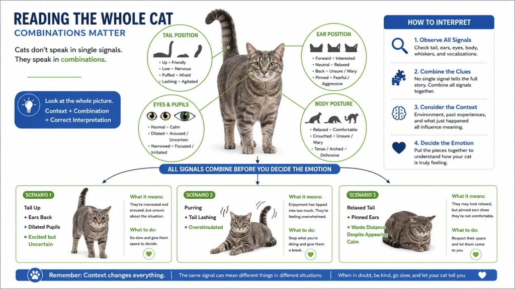 Diagram showing how combinations of cat body language signals such as tail position, ear posture, pupil size, and body posture reveal different emotions.