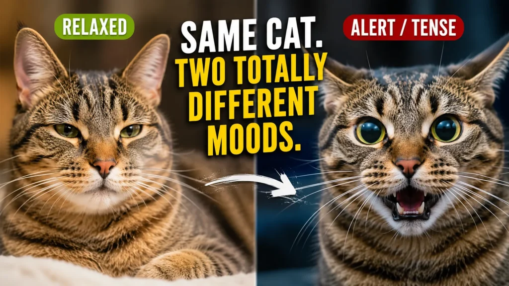Same cat, two different moods — here's how to tell them apart. Side-by-side comparison of a cat's relaxed body language versus alert body language showing ear and eye differences