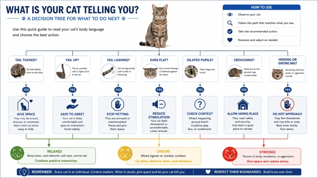 Cat body language decision tree explaining how to respond safely based on tail position, ear posture, pupil size, and body language.