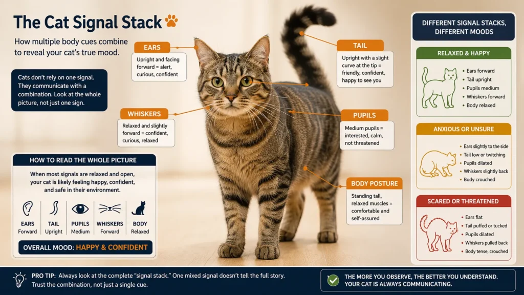 How to Read Combined Cat Body Language Signals Annotated diagram of a cat showing ear, tail, eye, and whisker positions combined to indicate mood