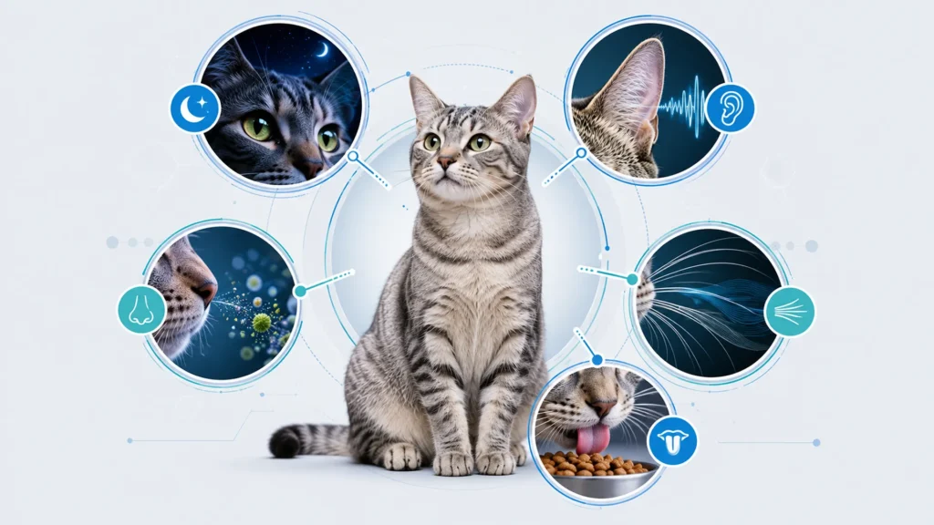 Scientific illustration showing a cat's brain and cognitive functions related to learning, memory, and problem-solving.