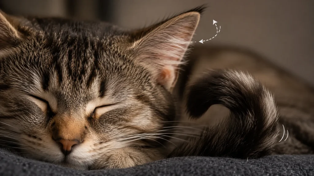 Reading cat body language beyond the sleeping pose Close-up of a sleeping cat's relaxed ear and tail position