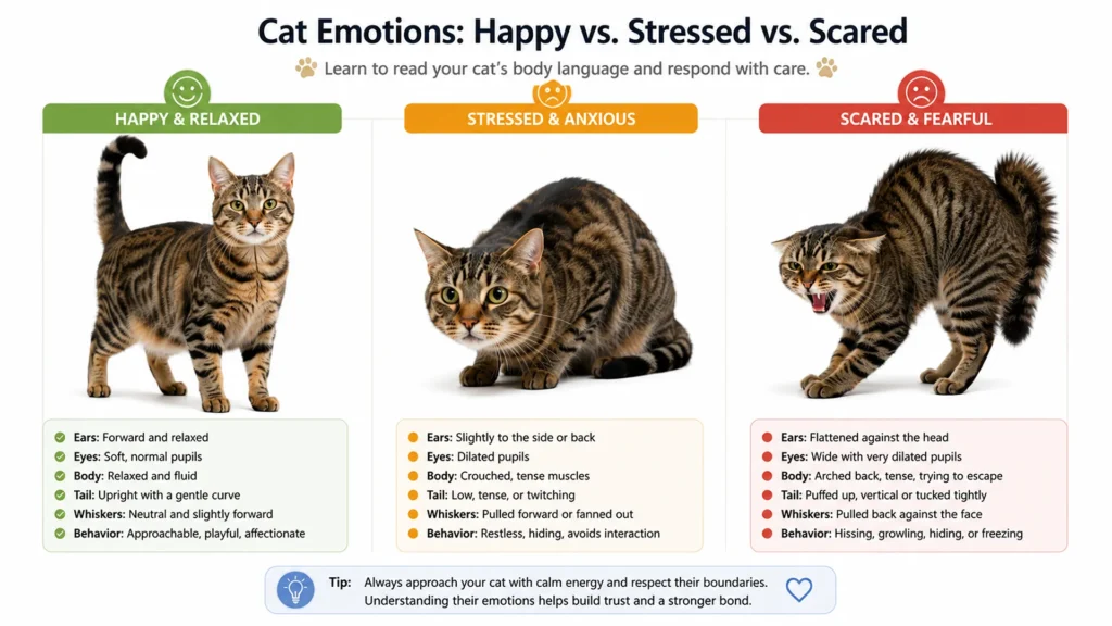 Side-by-side comparison showing happy, stressed, and fearful cat body language with different ear, tail, and posture positions.