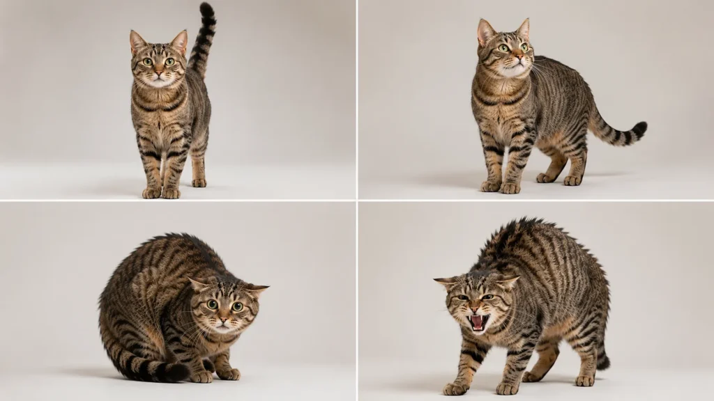 Cat body language examples showing happy, curious, scared, and angry emotions