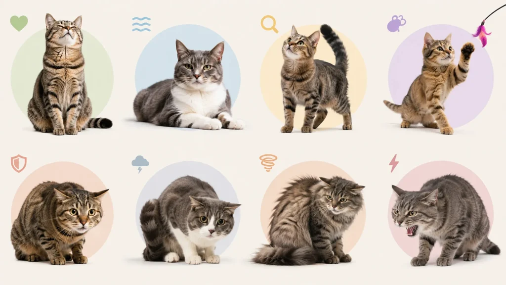 Educational illustration showing how cats use vision, hearing, smell, taste, and whiskers to understand their surroundings.