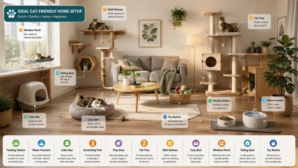 Indoor cat-friendly home setup showing feeding station, litter box, cat tree, window perch, scratching post, and cozy sleeping area.