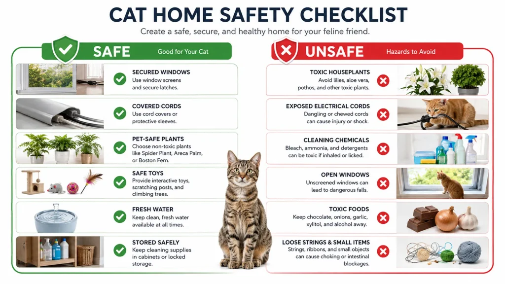Infographic showing safe and unsafe household items for cats, including toxic plants, electrical cords, safe toys, and secure windows.