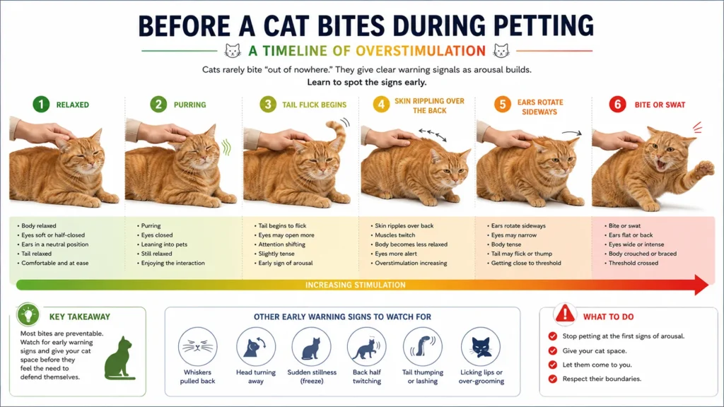 Timeline showing the warning signs of cat overstimulation including tail flicking, skin rippling, ear rotation, and petting-induced aggression.
