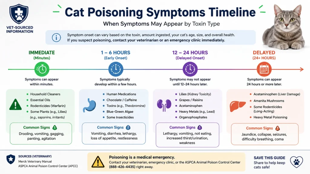 Cat Food Poisoning Symptom Timeline Timeline graphic showing when cat poisoning symptoms typically appear after eating toxic food, from immediate to 24+ hours