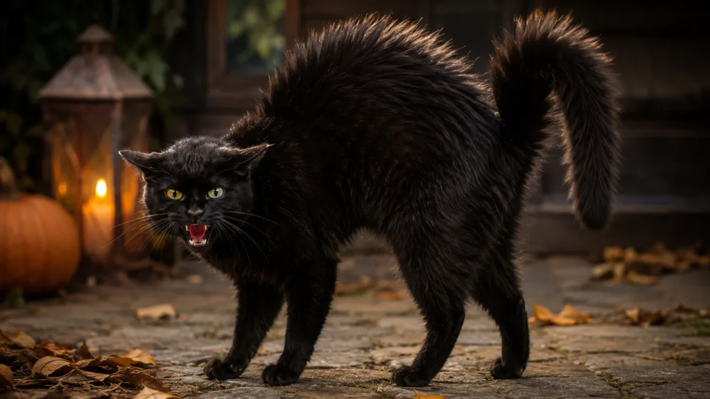 Puffed Cat Tail – Fear or Threat Signal Cat with puffed, bristled tail and arched back, showing fear or threat response