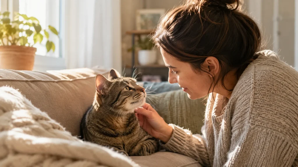 Domestic cat making eye contact with its owner to demonstrate recognition, trust, and emotional bonding.