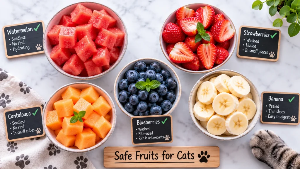 Cat-Safe Fruits Comparison Chart Watermelon, strawberries, blueberries, and other cat-safe fruits