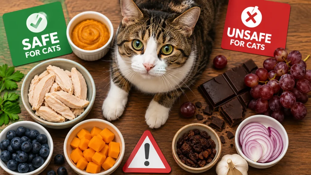 Cat sitting next to a mix of safe foods like chicken and pumpkin, and toxic foods like chocolate and grapes