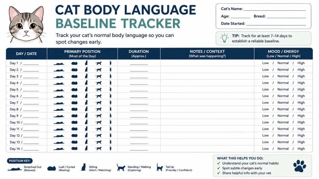Free printable cat sleep baseline tracker Simple printable tracker for logging a cat's sleeping position baseline