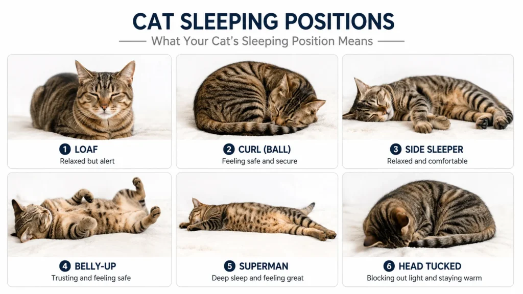 Common cat sleeping positions compared side by side Grid comparing common cat sleeping positions: loaf, curl, belly-up, side sleeper