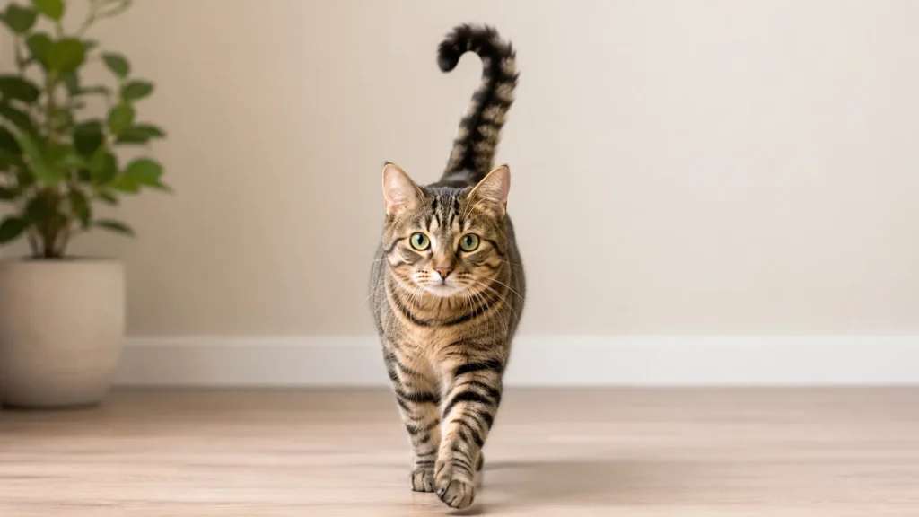 Cat Tail Straight Up – Friendly Greeting Signal Cat with tail straight up in a question-mark curl, showing friendly greeting body language