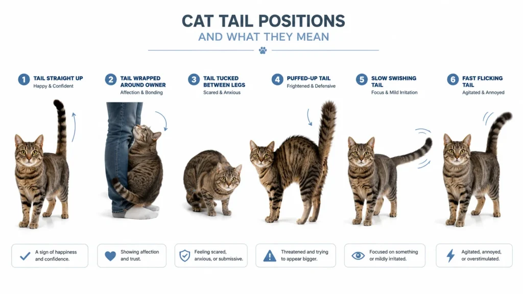 Comparison of cat tail positions including tail up, tucked tail, puffed tail, wrapped tail, and swishing tail with their meanings.
