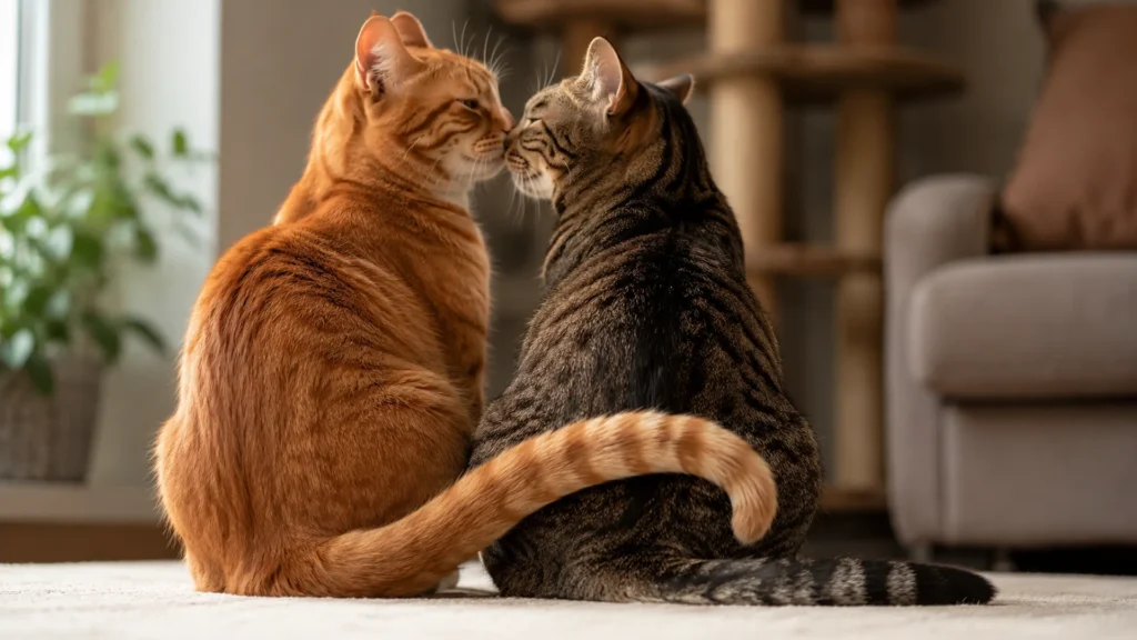 Cat Tail Wrap – Bonding and Trust Signal Cat wrapping its tail around another cat, showing bonding and trust behavior