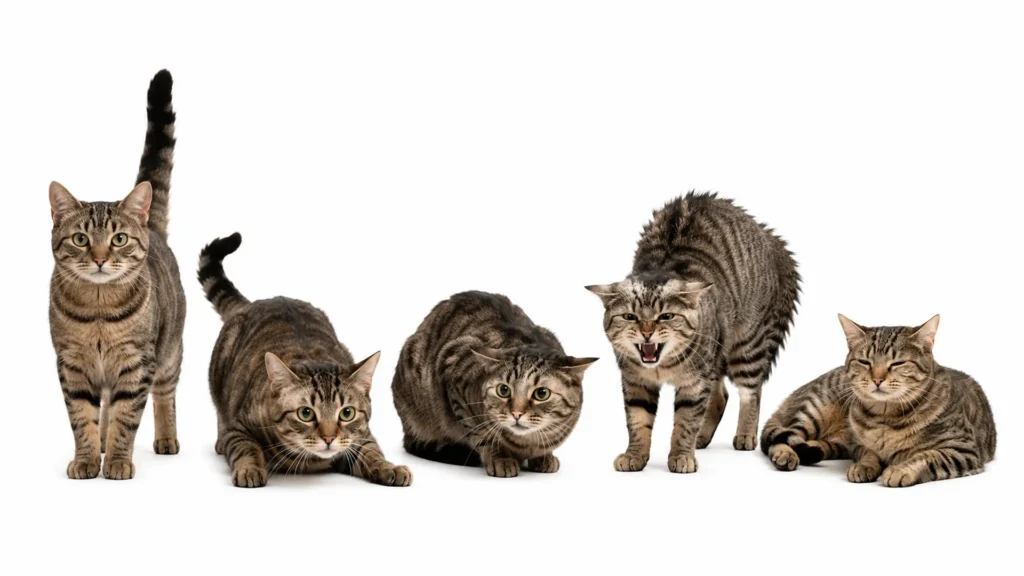Cats body language chart comparing happy, playful, scared, angry, and relaxed cat postures