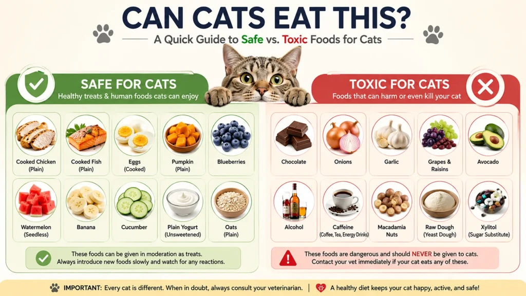 Infographic showing safe foods vs toxic foods for cats, including chicken, fish, and pumpkin as safe, and chocolate, grapes, and onion as toxic
