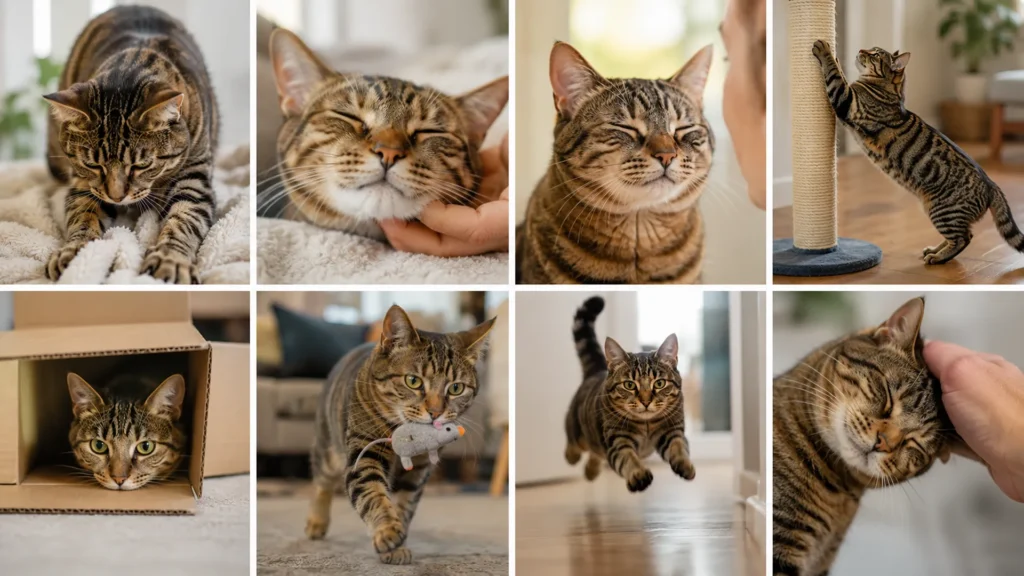Domestic cat displaying common behaviors including kneading, scratching, slow blinking, hiding, zoomies, and head bunting.
