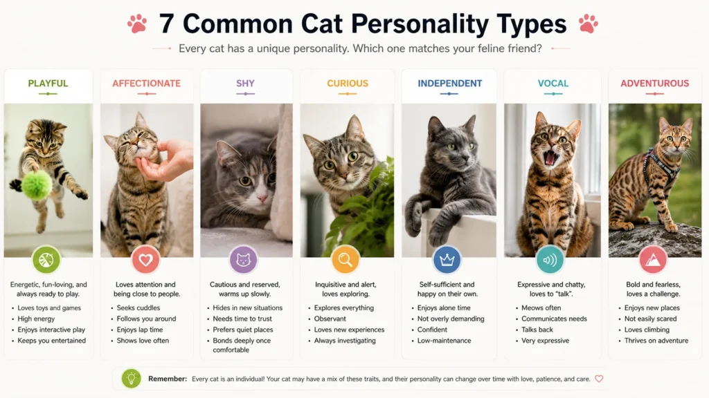 Comparison chart showing playful, affectionate, curious, shy, independent, vocal, and adventurous cat personality types.