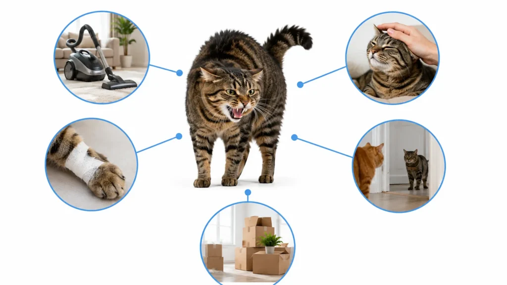 Educational infographic showing common reasons cats hiss, including fear, pain, overstimulation, territorial behavior, and stress.
