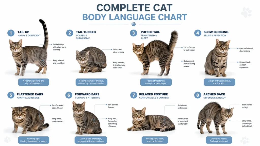 Complete cat body language chart illustrating common cat emotions through body posture, tail positions, ears, eyes, and facial expressions.