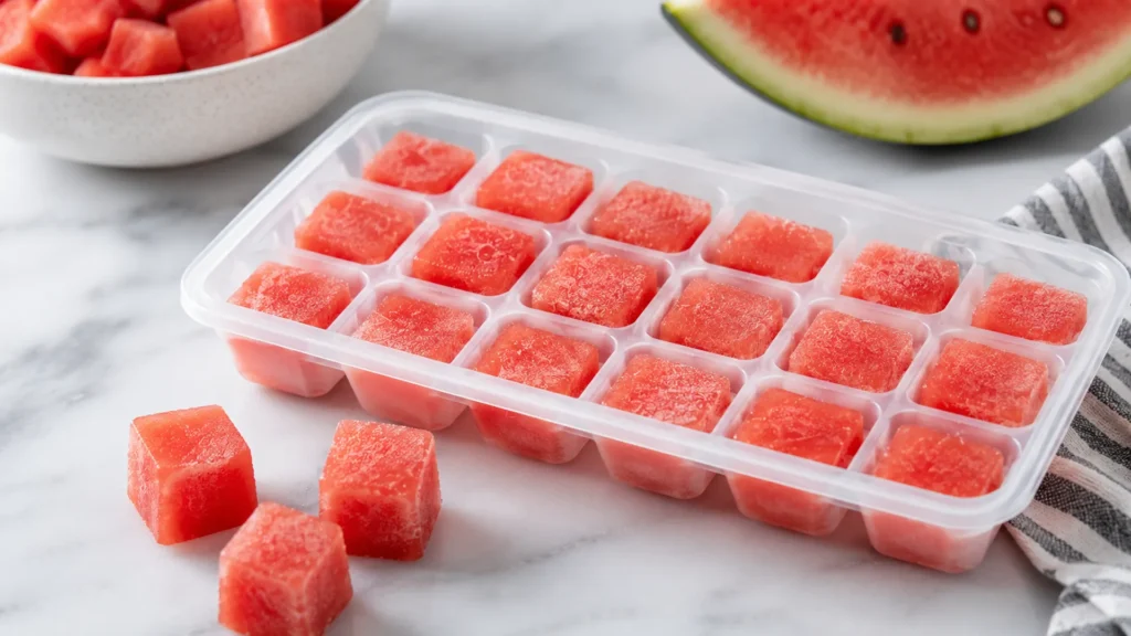 How to Freeze Watermelon for Cats Frozen watermelon cubes in an ice tray for cats