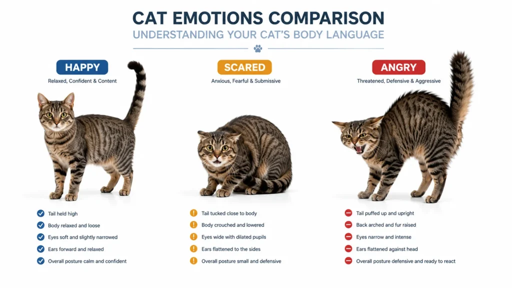 Comparison of happy, scared, and angry cat body language showing differences in posture, tail, ears, and facial expressions.