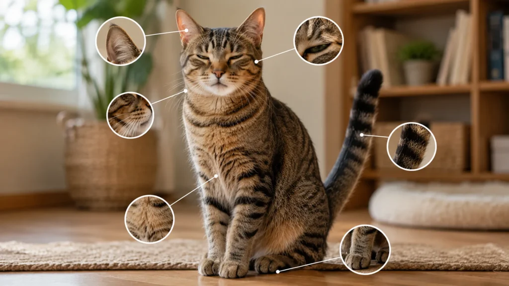 Cat body language showing relaxed tail, forward ears, soft eyes, and calm posture together