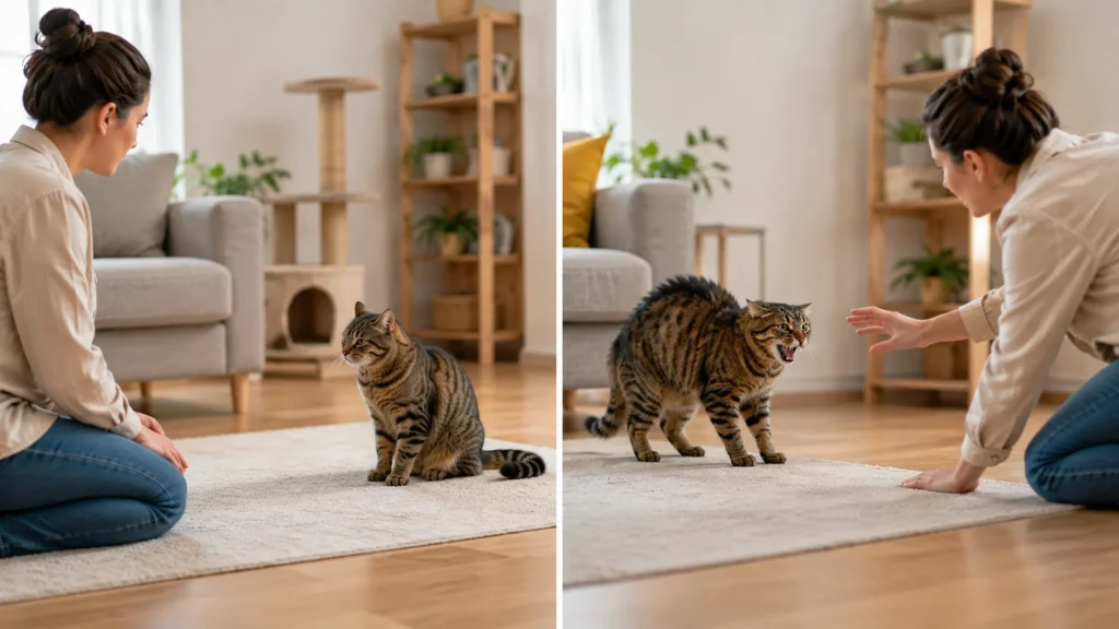 Comparison showing the correct and incorrect ways to respond to a hissing cat, including giving the cat space and avoiding punishment.