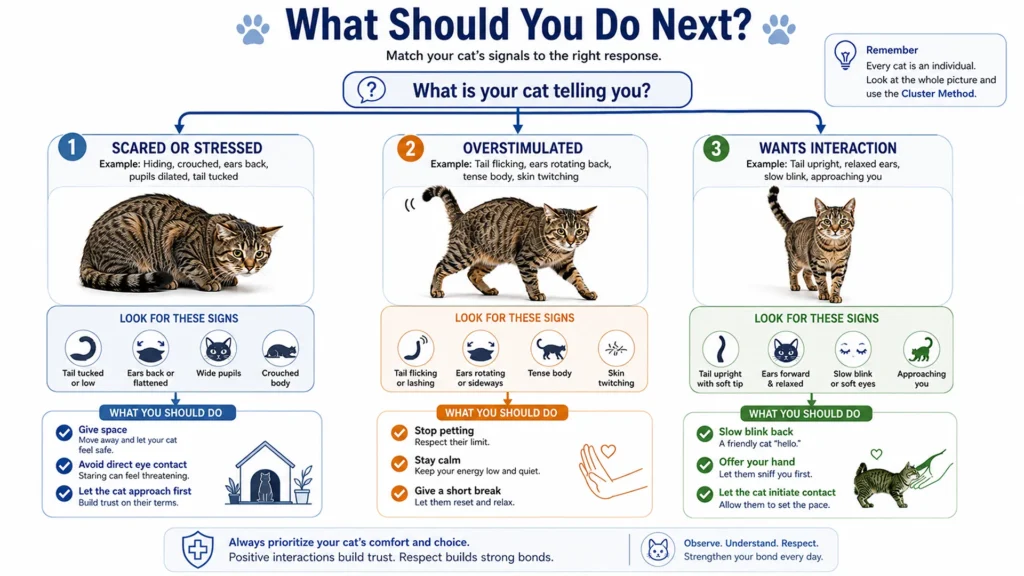Decision tree infographic showing how to respond when a cat is scared, overstimulated, or inviting interaction based on body language.