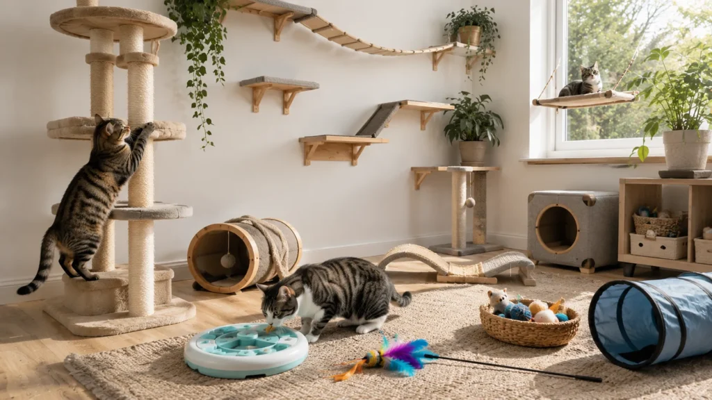 Indoor cat climbing on a cat tree with wall shelves, scratching posts, puzzle toys, and window perch.