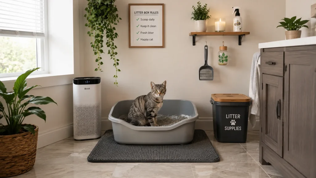 Clean litter box setup in a quiet home corner with litter mat, scoop holder, and odor control accessories.