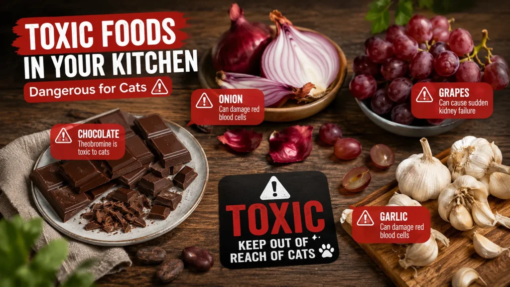 Common Kitchen Foods That Are Toxic to Cats Flat-lay photo of common toxic foods for cats including chocolate, grapes, onions, and garlic labeled with warning icons