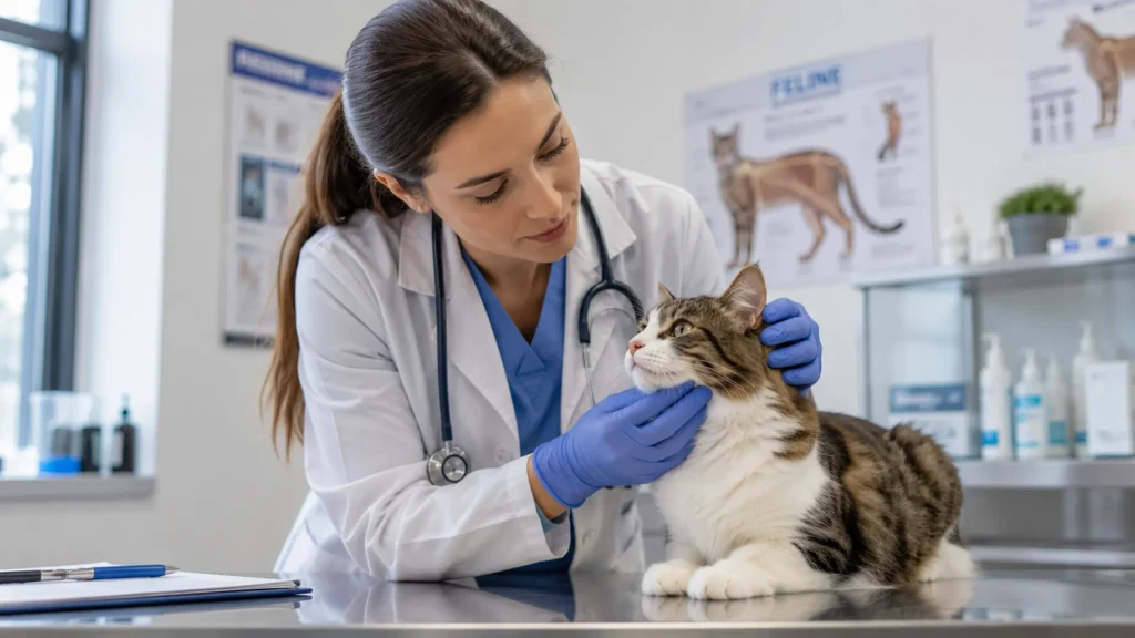 When to consult a vet before giving cats strawberries Veterinarian examining a cat during a routine health checkup