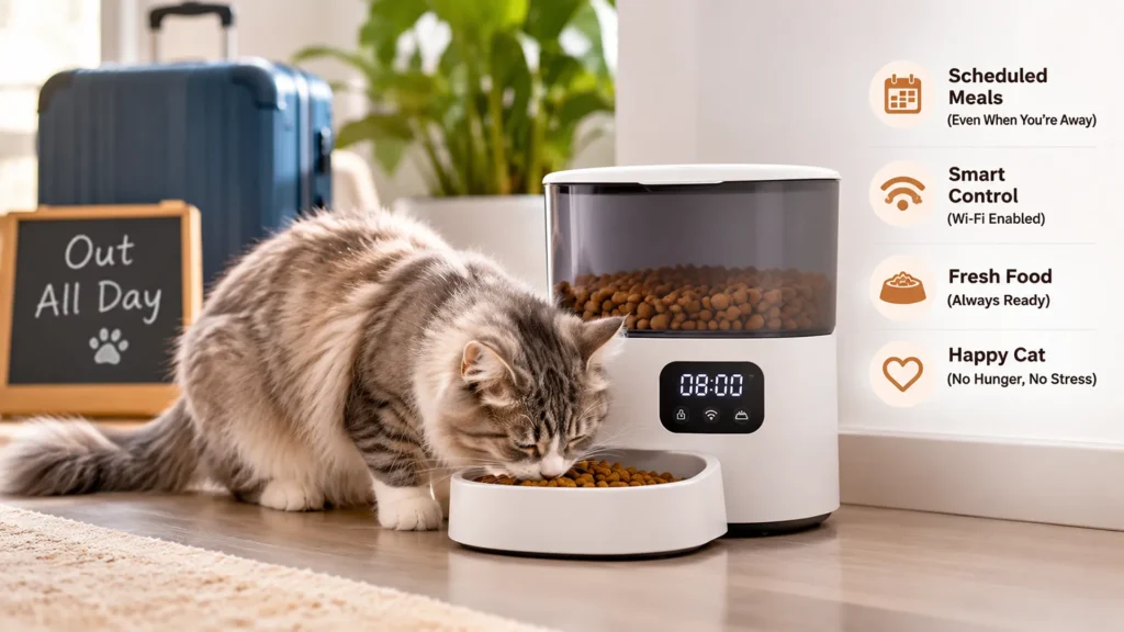 Automatic Cat Feeder for Scheduled Feeding Automatic cat feeder dispensing food on a timed schedule for owners who work all day