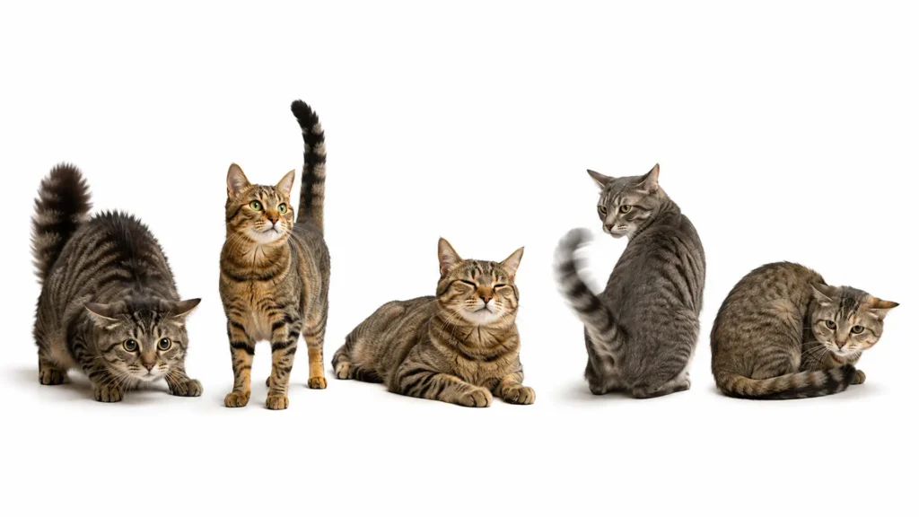 Cats communicate through combinations of ear position, tail movement, posture, whiskers, and eyes—not individual signals. Comparison of common cat body language combinations including fear, trust, playfulness, overstimulation, and anxiety