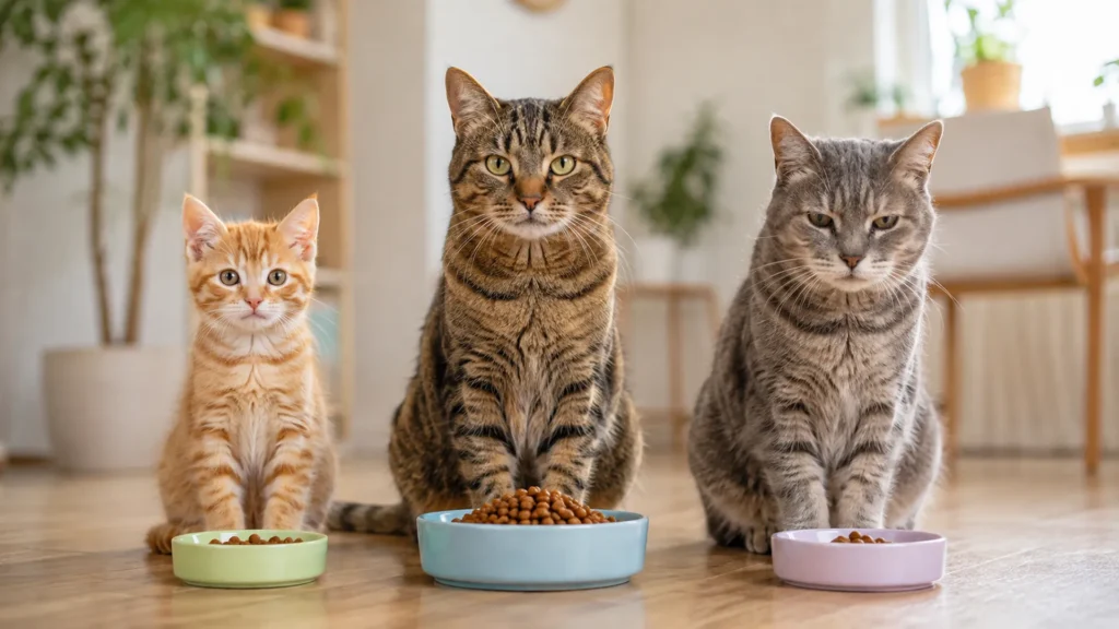 Kitten, adult cat and senior cat showing different feeding needs at each life stage Kitten, adult cat and senior cat showing different feeding needs at each life stage
