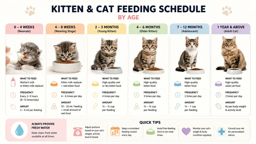 Chart showing cat feeding schedule and frequency for kittens, adults, and senior cats
