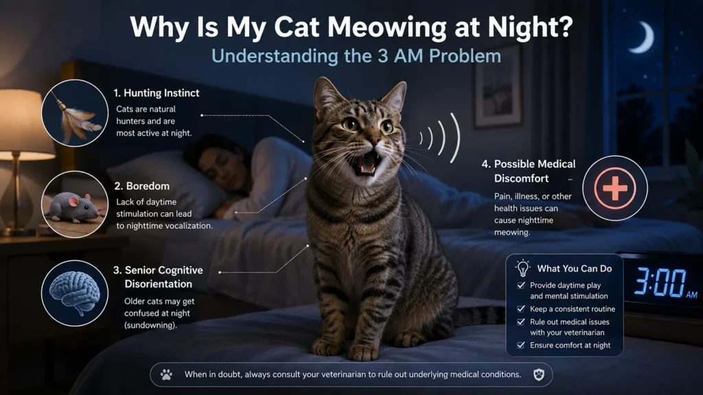 Cat meowing at night at 3 AM showing common causes of nighttime vocalization