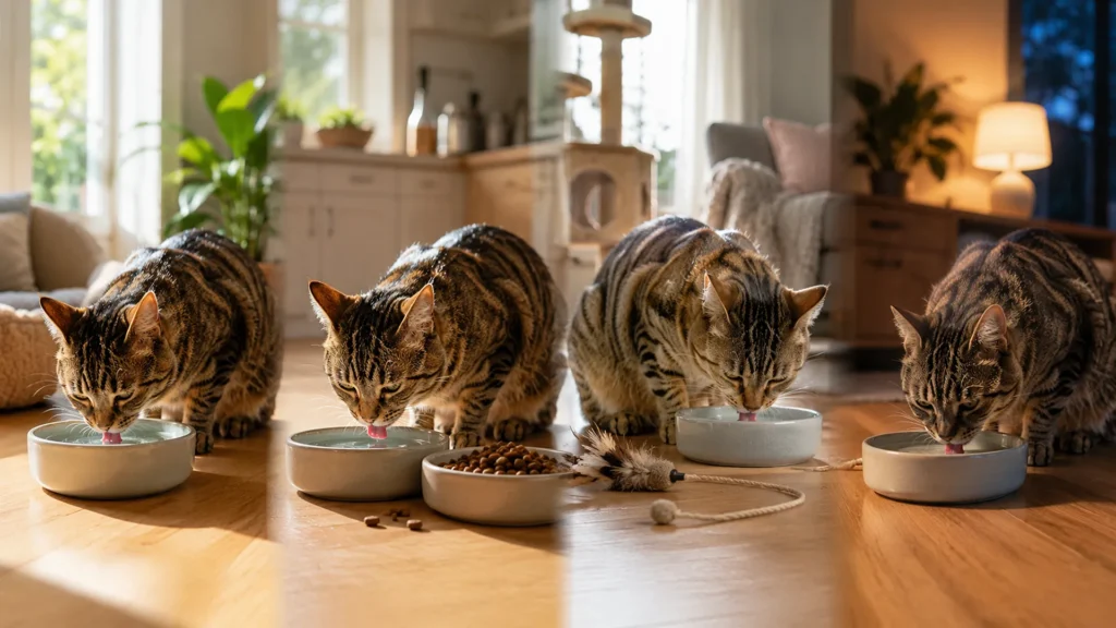 A healthy cat drinking small amounts of water at different times throughout the day including morning, after meals, after play, and evening. A healthy cat drinking small amounts of water at different times throughout the day including morning, after meals, after play, and evening.