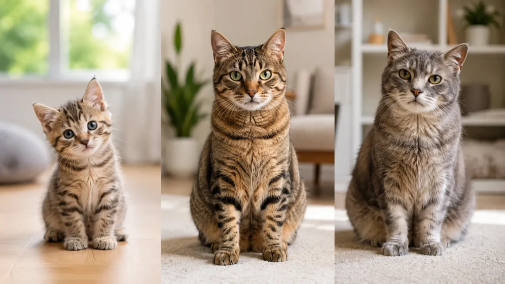 Kitten adult and senior cats showing different life stages